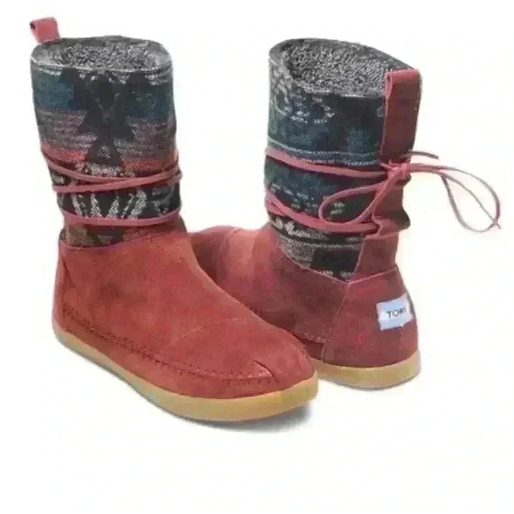 Toms rusty Burgundy Suede Jacquard Nepal tribal fleece lined Boot sz 9.5